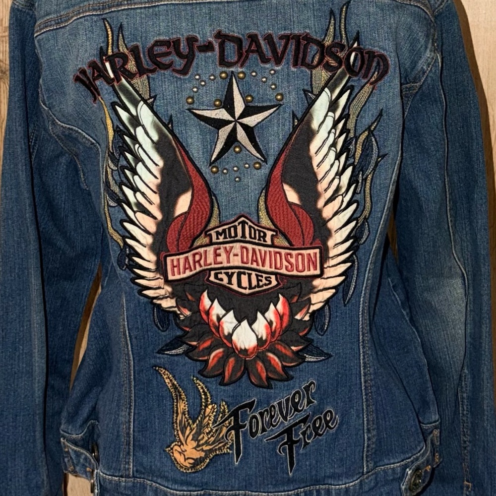 Harley-Davidson Vintage Denim Embroidered Jacket Womens Size L Eagle Studded - Picture 5 of 14